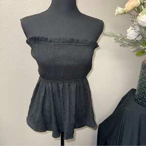 Black Smocked Strapless Peplum Top Boho Cottagecore Flowy Summer XL